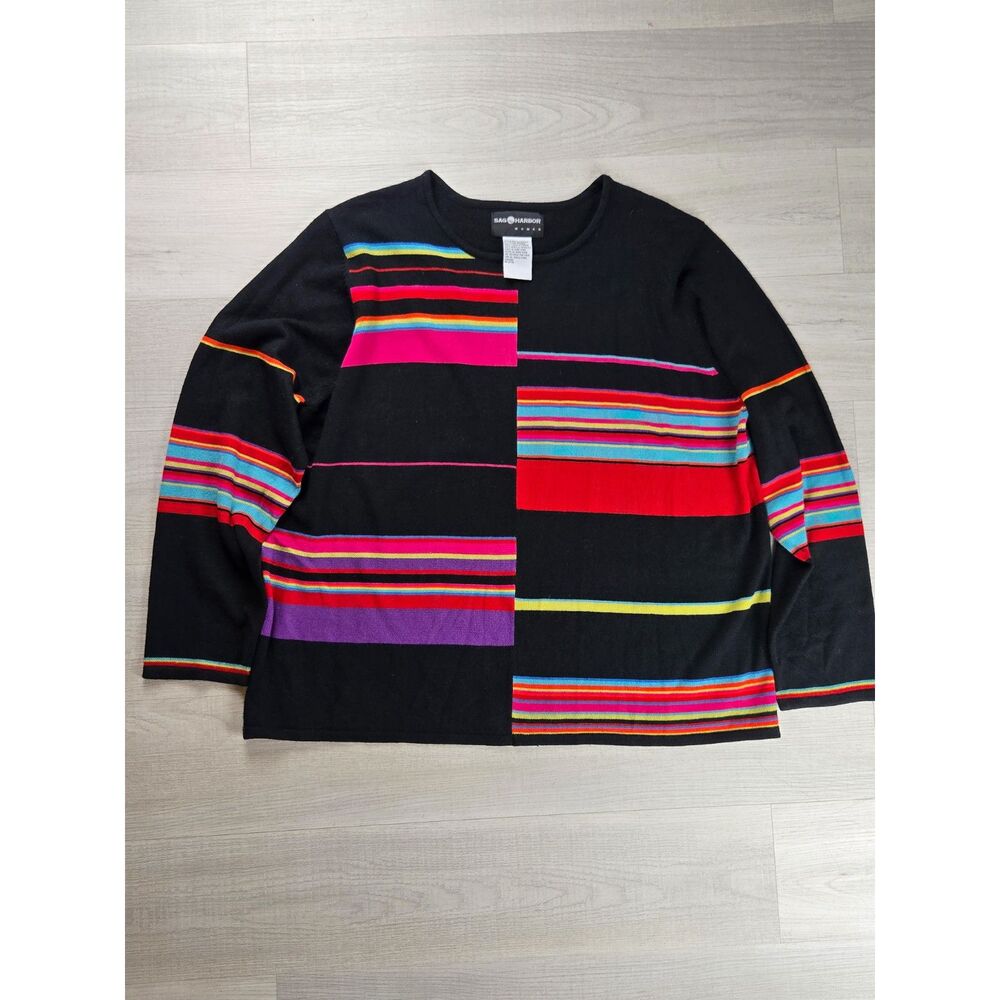 Vintage Sag Harbor 1X Colorblock Rainbow Stripe Sweater Black Crewneck 90s